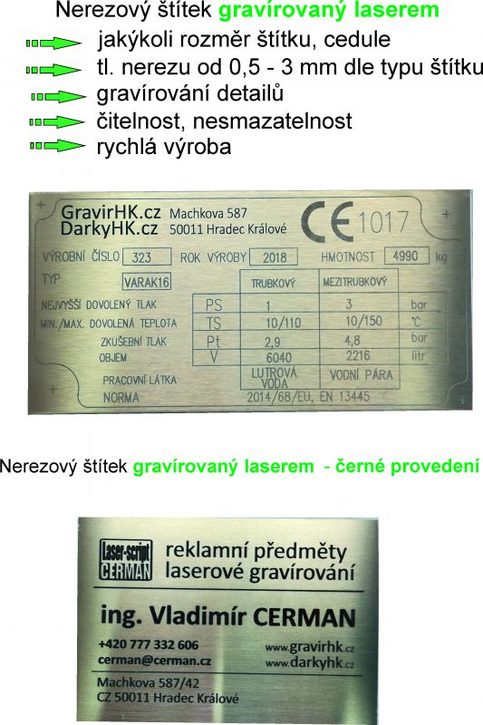 Laserové gravírování do nerezových štítků, cedulí, technických štítků, výrobních štítků.,  gravírování do kovu