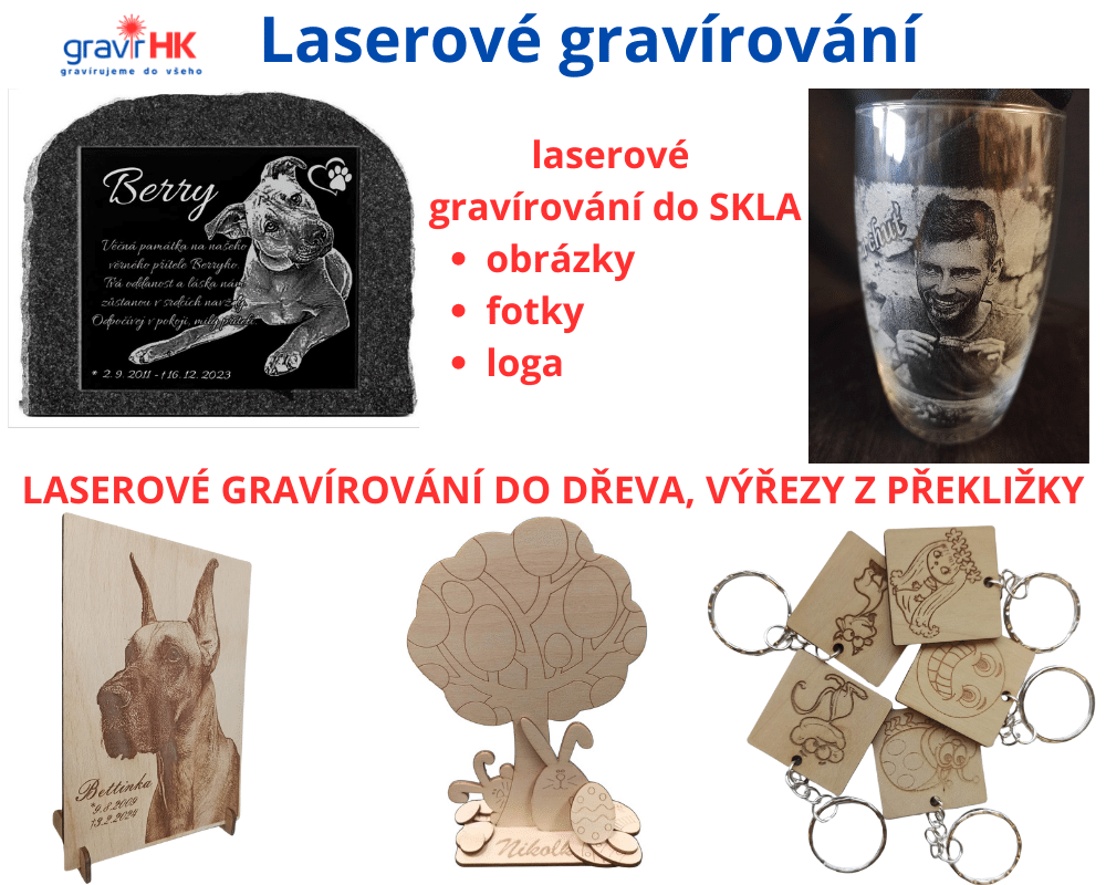 Laserové gravírování do skla, laserové gravírování do dřeva, výřezy z překližky