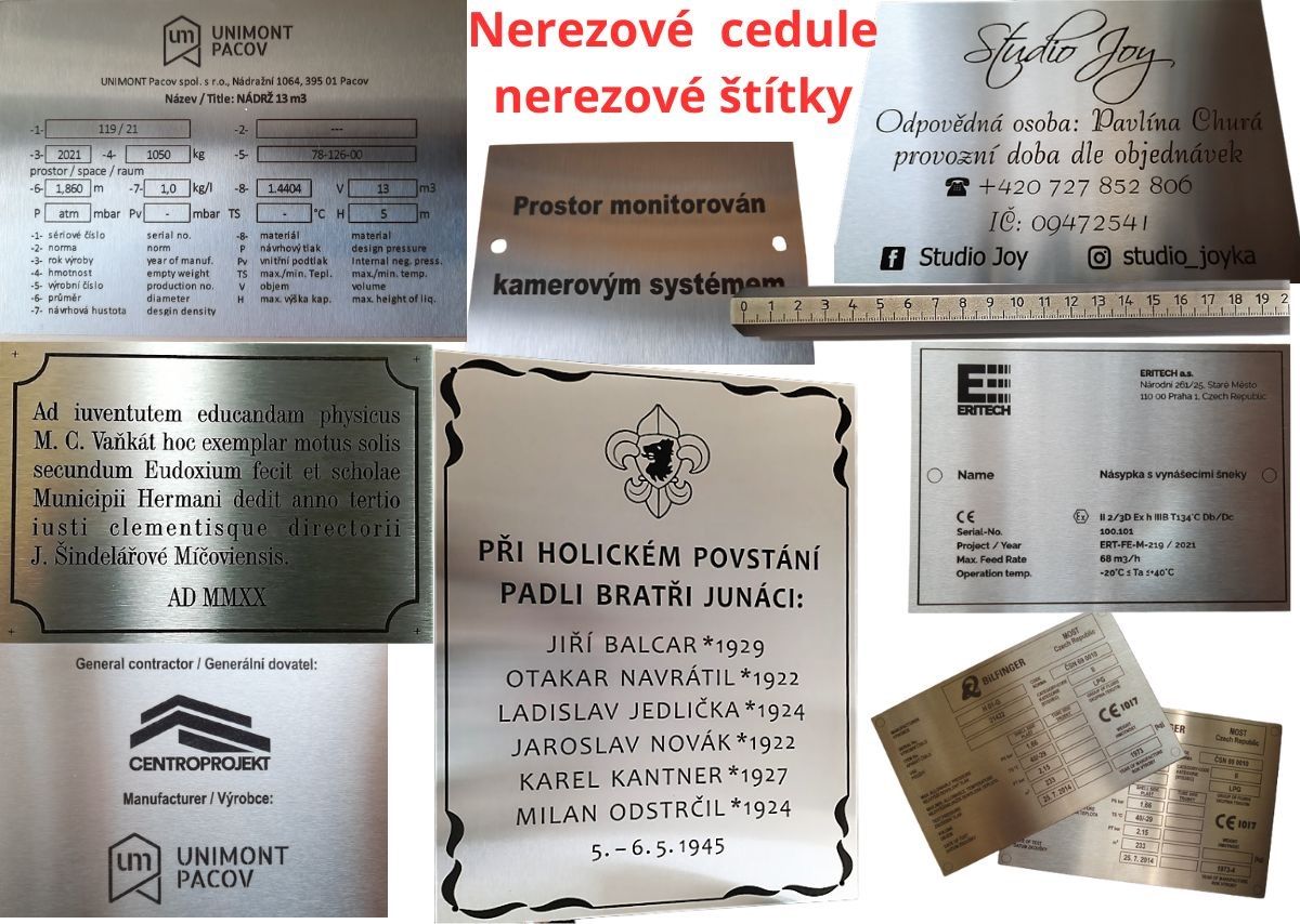 Výroba nerezových štítků a cedulí.