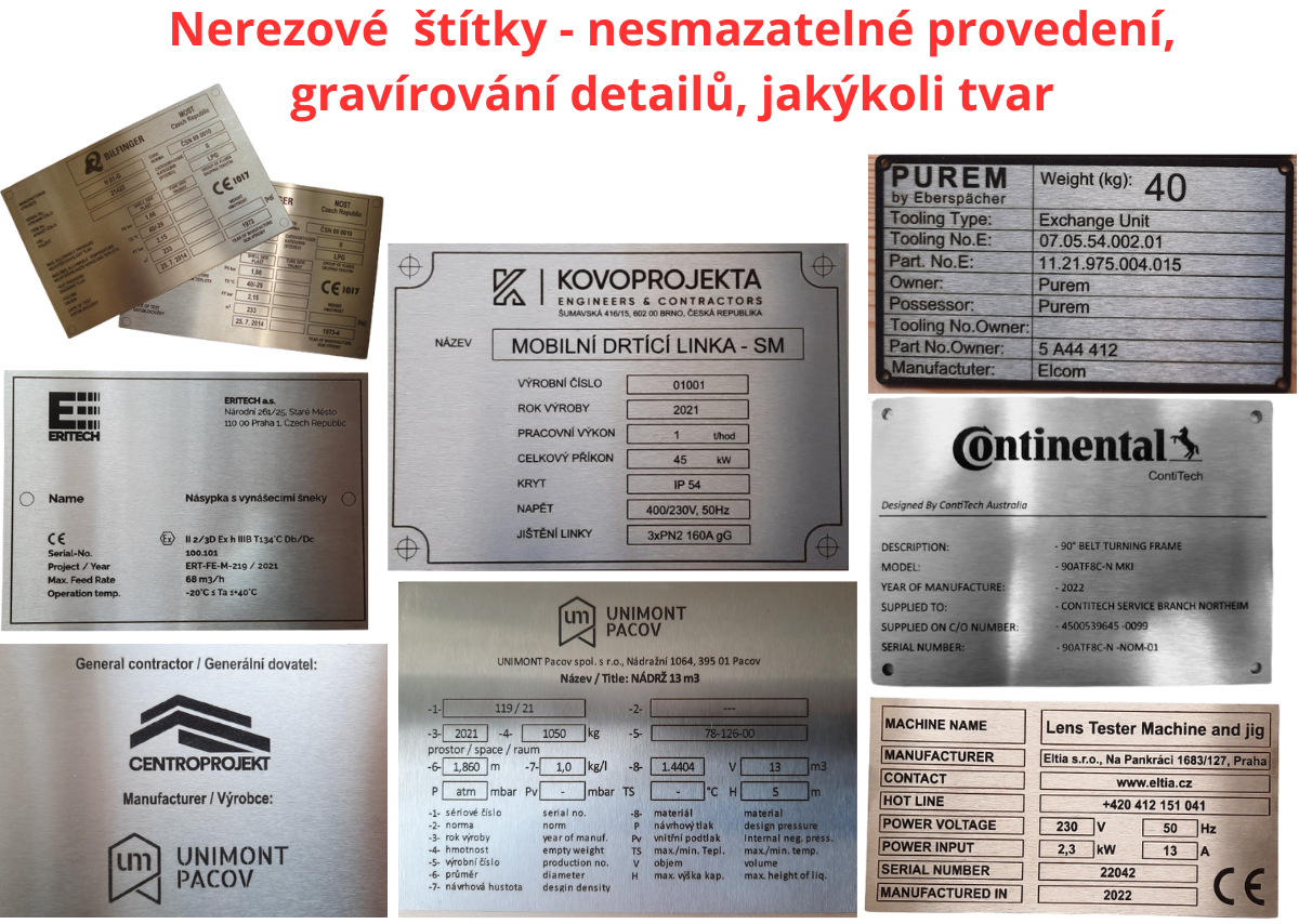 Výroba kovových štítků - jakýkoli tvar a grafika Nerezový štítek - gravírování do kovu
