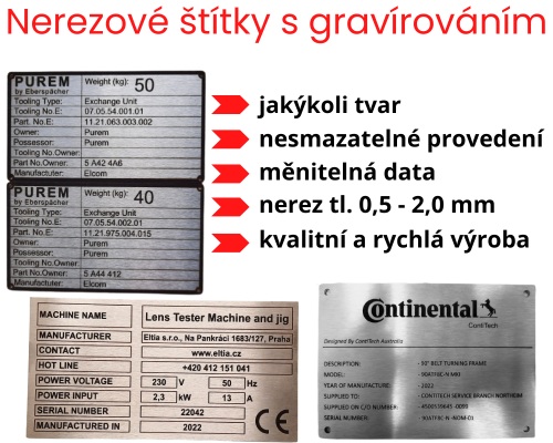 Výrobní nerezové štítky Gravírování do nerezu - výrobní štítky